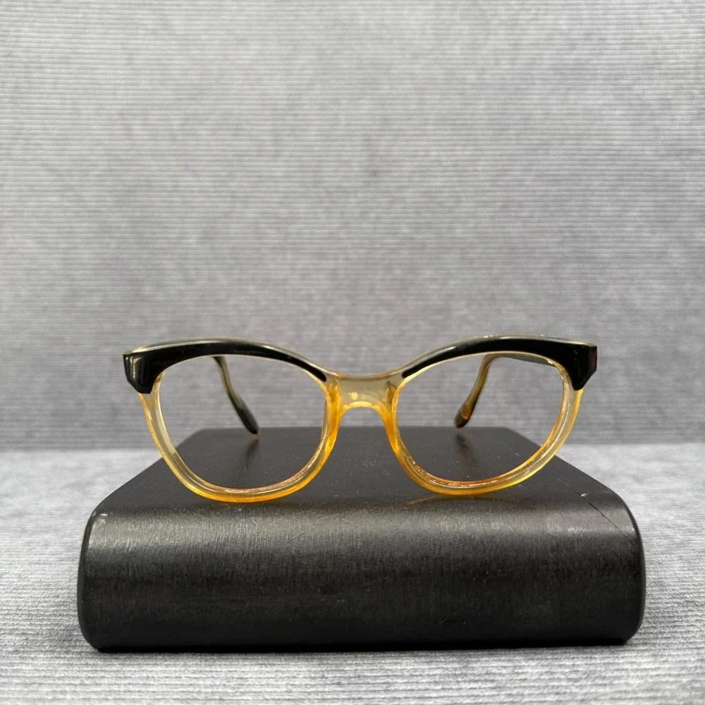 Vintage 70s France Lisa  Cat Eye Y2K Eyeglass Frames Black Amber Two Tone